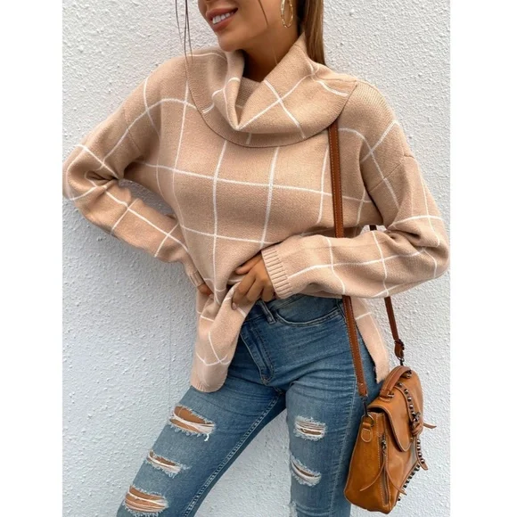 Tan Grid Printed Long Sweater Plaid Pattern Split Sides Pullover Turtleneck - Picture 5 of 12